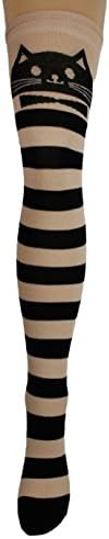 Flirt Black &amp; Natural Beige Striped Cat Face Knee High Socks