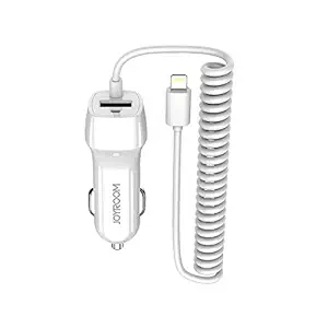 Infit Car Charger with Built in 8 pin Cord Cable for iPhone Wrapped 1.4 Meter - 2.1A & Extra USB Port for Charging 2 Devices simultaneously (White)