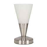 La lámpara táctil de mesa Flamme Blanche, tiene un acabado ultra moderno en níquel y cristal blanco satinado