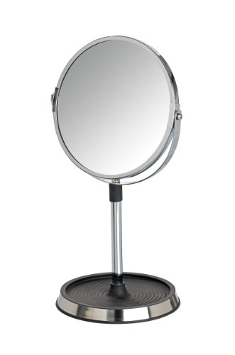 WENKO 20282100 Kosmetikspiegel Cori - Standspiegel, Soft-Touch Oberfläche, Spiegelfläche ø 16cm, 300% Vergrößerung, Stahl, 18.5 x 33.5 x 15.5 cm, Chrom