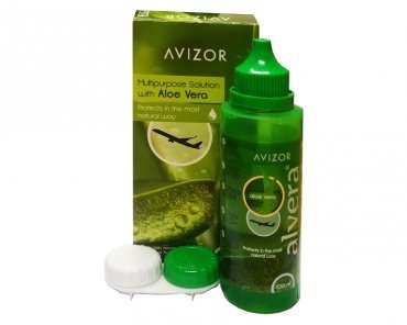 AVIZOR Alvera liquido per lenti a contatto 1 × 100 ml con custodia. Soluzione per la pulizia e la disinfezione di tutti i tipi di lenti a contatto morbide. Formato del viaggio.