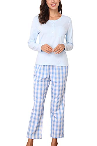 MEMORY BABY Mujer Conjunto de Pijama Mangas Largas Suave Ropas de Dormir 2 Piezas Simples(Azul,S)