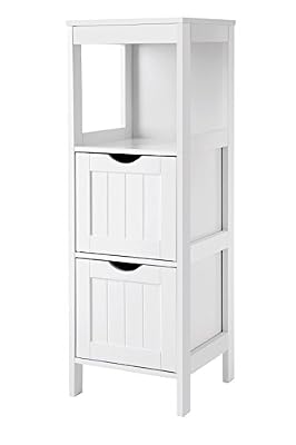 SONGMICS Meuble de salle de bain sur pied Meuble de rangement Table de chevet Armoire d’angle Avec 2 tiroirs Blanc BBC42WT