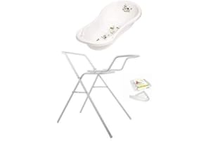KINDERWELT Baignoire Bébé XXL 100 cm Funny Farm Blanc + Stands de Bain + Tuyau D’Écoulement