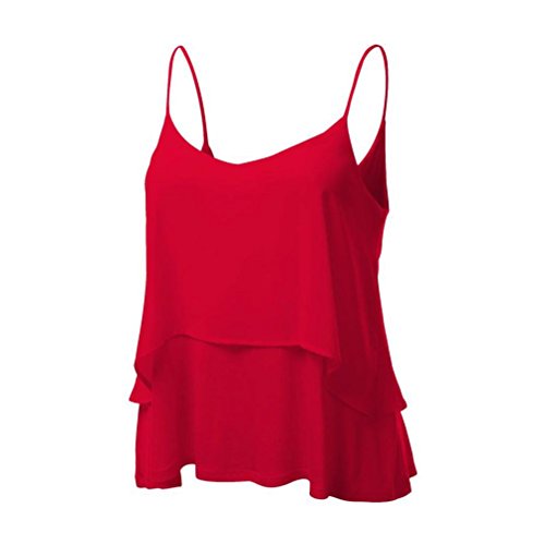 Preisvergleich Produktbild Damen Sommer Elegant Strand Einfarbig Spaghettiträger Chiffon Oberteile Cami Tank Beiläufig Weste Vest Camisole DOLDOA T-Shirt Tops Geburtstags Geschenk für Frauen Mädchen Freundin (EU:44, Rot)