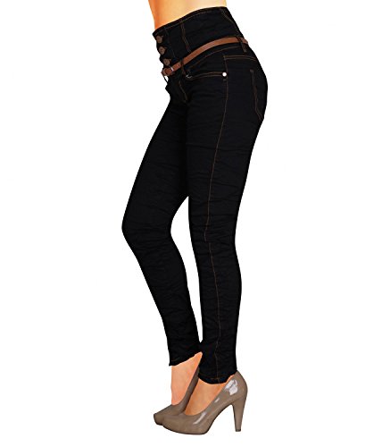 Damen Jeans Hose Skinny Corsage High Waist Röhrenjeans inkl. Gürtel (434), Grösse:36 Schwarz, Farbe:Schwarz - 