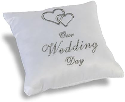 White Wedding Ring Cushion Pillow with with Embroided Text "Our Wedding Day'