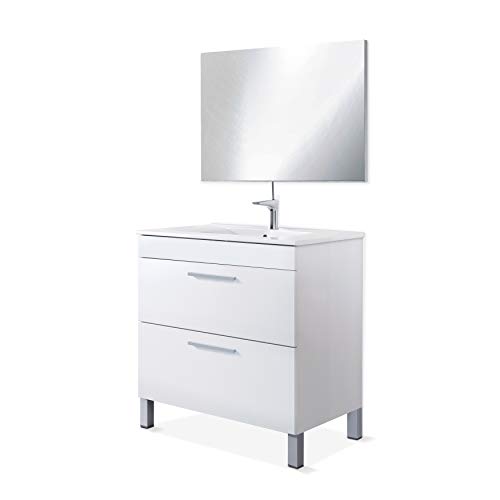 ARKITMOBEL - Mueble de baño Modelo LC, modulo con 1 cajón, 1 Puerta y Espejo, Acabado en Blanco Brillo, Medidas: 80 cm (Largo) x 80 cm (Alto) x 45 cm (Fondo)
