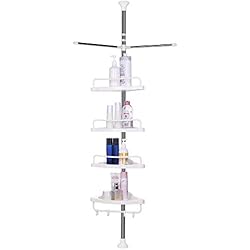 Vpcok Etagère de Douche Télescopique en Acier Inoxydable Shampooing Savon Porte Salle de Bain d'Angle à 4 étages (110cm -300cm) avec 4 Crochets et 2 Porte-Serviettes