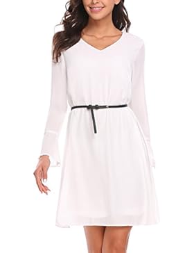 Damen Elegant Chiffonkleid Abendkleid Cocktailkleid Langarm V Ausschnitt Knielang mit Bindeband Tunika Festlich...