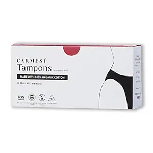 Carmesi 100% Organic Cotton Tampons - 16 Regular for Medium Flow - FDA Approved - Biodegradable - Made in Europe - Dermatologically Tested - No Chemicals - Rash-Free, White