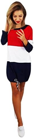 HARRYSTORE 2018 New Women's Scoop Neck Long Sleeves Color Block Mini Dress Holiday Party Drawstring Hem Dress (XL, Multicolor)
