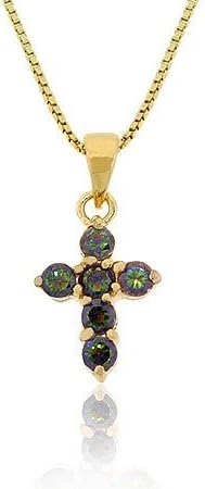 Gold Tone Over Sterling Silver Simulated Mystic Topaz Stone Prongs Small Cross Pendant