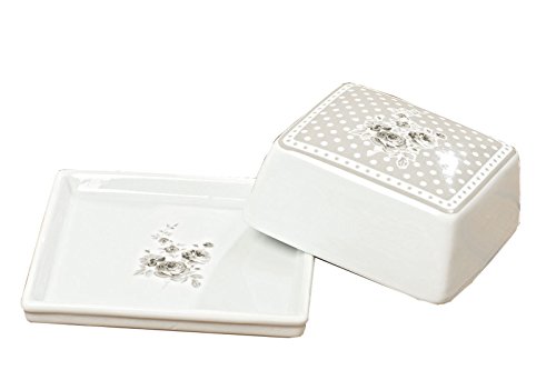 Boltze Butterdose weiß grau mit Blümchen 14x13x6 cm Porzellan im Landhaus Design