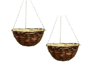Fyne-Finds Set of 2, 36cm 14Inch Dark Brown Wicker Hanging Basket Lined Rattan Willow Planter With Liner Metal Chain