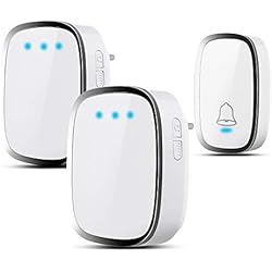 Sonnette Sans Fil, Carillon Sans Fil Electrique Etanche à 300 Mètres de Portée, Kit de Carillon avec LED et 36 Mélodies au 4 Niveau Volume pour Maison, Bureau, Hôtel-1 Emetteur et 2 Récepteurs Inclus