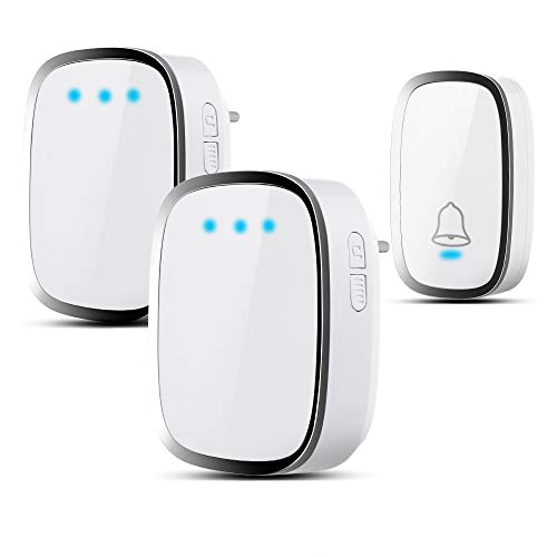 Sonnette Sans Fil, Carillon Sans Fil Electrique Etanche à 300 Mètres de Portée, Kit de Carillon avec LED et 36 Mélodies au 4 Niveau Volume pour Maison, Bureau, Hôtel-1 Emetteur et 2 Récepteurs Inclus