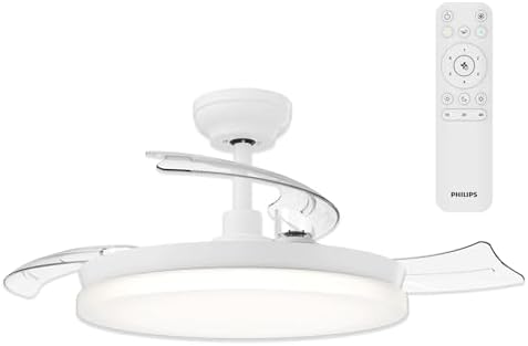 Philips Solr Ventilatore a Soffitto con Pale Retrattili e Lampadina LED, 3 Pale, Pala Aperta 106 cm, 4.500 lm, 3 Ton. Luce Bianca (2.700/4.000/5.500 K), Regol. Fino a 10%, Telecom. Incl., Bianco