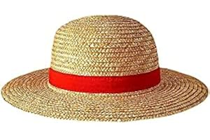 FOUTP One Piece Monkey D. Luffy Sombreros Planos Cosplay Japonés Dibujos Animados Accesorios para Niño, Sombrero Rojo Rayas, Visera de Playa (Paja de Trigo)