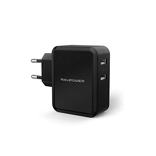 RAVPOWER Cargador USB Portátil 24W, Cargador de Red Doble Puertos USB Tecnología iSmart Compatible con iPhone 11 Pro MAX XS MAX XR X 8 Plus iPad Pro Air Mini Samsung Galaxy Nexus Nokia y Más (Negro)