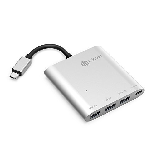 iClever 3-Port USB 3.0 Typ-C Hub 5 Gbps Datenübertragung mit PD (Power Delivery) 24W Ladeport Stromversorgung, Multi-Port Type-C USB Hub für New MacBook 12 Zoll, Silberfarbe, Aluminium