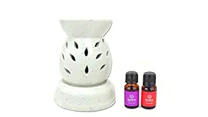 Asian Aura Handcrafted Ceramic Electric Round Shaped Aroma Diffuser Oil Burner for Home Fragrance with Aroma Oils in 2 fragrances (English Lavender & Rosy Romance 10ml Each)