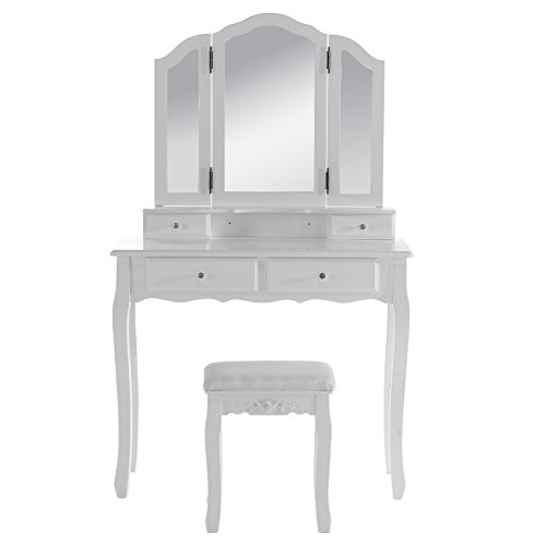 EUGAD Schminktisch mit klappbarem Spiegel mit Hocker 4 Schubladen Kosmetiktisch Frisiertisch Barock 90 x 145 x 40cm Weiß MB6027cm
