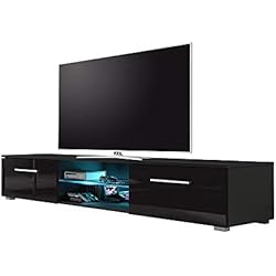 Edith - Meuble TV Bas 140 cm Noir Mat Noir Brillant LED Bleu