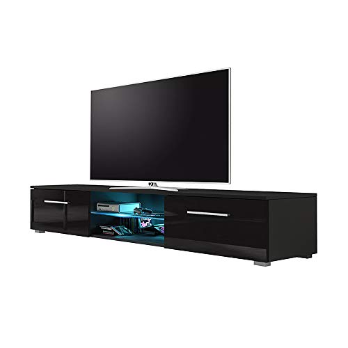 Edith - Meuble TV Bas 140 cm Noir Mat Noir Brillant LED Bleu