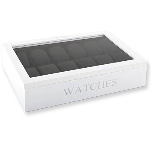 Uhrenbox für 12 Uhren inkl. Uhrenkissen im edlem Design schwarz oder weiß mit Glasfront 34 cm x 20 cm x 9 cm (Weiß) - 3