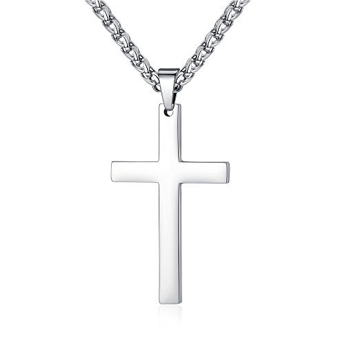 (47 26mm cross,24inches chain) - FOSIR Stainless Steel Simple Cross Pendant Necklace for Men Women with Wheat Chain 22 60cm