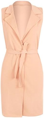 New Womens Ladies Girls Sleeveless Belted Crepe Open Long Waistcoat Cardigan Top Jacket. (8-10, Nude)