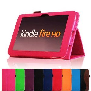 Bingsale® PU Lender Hülle Lederhülle Case Cove Schutzhülle Ledertasche im Bookstyle für Amazon Kindle Fire 7''/ Kindle Fire HD 7''/Kindle Fire HD 8.9'' Tasche mit mit verstaubarer Stylus Halterung (Color :Lila, schwarz,Orange, grün,Rot ,hellblau, hot Rosa , Rot, dunkel blau) + one zubehör stylus in Schwarz (nicht für den neuen Kindle Fire HD 7 2013 geeignet) (Kindle Fire HD 7'', Hot Rosa)