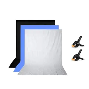 HIFFIN 8x12 ft Blue|White|Black Screen, Photography Backdrop Background with 2 Clip, Chromakey Panel for Photo Backdrop Video Studio, Muslin Background Screen
