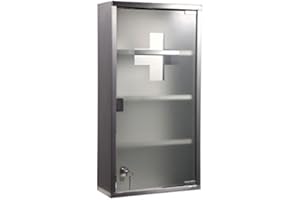 HS-Lighting Medizinschrank Arzneischrank Edelstahl Erste Hilfe Schrank abschließbare Meidikamentenschrank Hausapotheke Tip-on Glastür mit Schloss 60ⅹ30ⅹ12cm (4 Fächer-Silber)