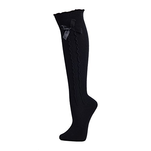Kniestrümpfe Trachten socken mit Satinschleife und eingestrickter Rüsche (39-42, Schwarz)