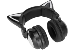 PUSOKEI Casque d'oreille de Chat Mignon LED, Casque de Jeu Stéréo pour Ordinateur Portable, Casque de Jeu sans Fil Bluetooth 5.3 avec Microphone pour Ordinateur Portable Smartphone /