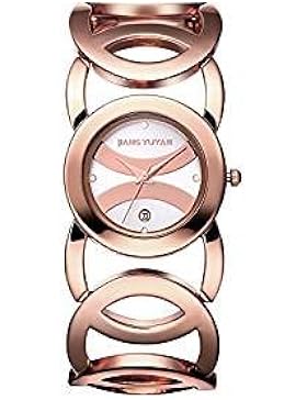 Gwood Damen Modeuhr Armbanduhr Armreifen Armkette Uhr Damenuhr Gold Charms Quarz Edelstahl Armbanduhr (Rose white)