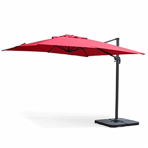 Alice's Garden Parasol déporté carré 3 x 3m Haut de Gamme - Falgos - Rouge - Parasol excentré inclinable, Rabattable et Rotatif à 360°.