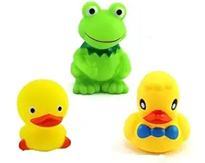 TOYSM Cute Animal Bath Toys Non-Toxic,BPA Free Colorful Soft Natural Rubber Float Squeeze Sound Squeaky Bathing Toy for New Born Baby Chu Chu Toy Set of 3 (Frog and 2 Duck)