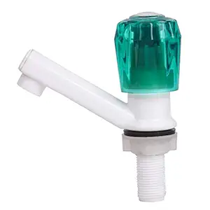 SOCCER Heavy Duty Crystal Plastic PVC & P.P. Material Standard Size Hot & Cold Water Crystal Pillar Cock Tap Faucet (Wall Mount Installation) (White-Green)