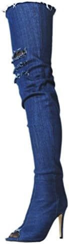 Kolnoo Womens BFCM High Heel Peep-Toe Boots Holes Deco Demin Thigh-High Fashion Boots Shoes XD724 Blue EU37