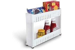 Orrda Plastic 2 Tier Space Saving Storage Organizer Slim Rack Shelf with Wheels Slim Slide Out Kitchen Trolley Rack Holder Storage Organizer for Kitchen, Bathroom (White)