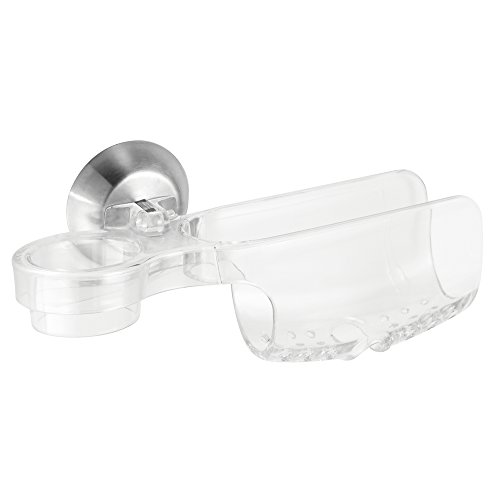 mDesign Spülbecken Caddy mit Saugnapf für Küchenspüle – Spülorganizer zur cleveren Aufbewahrung von Bürste & Topfschwamm – Schwammablage für mehr Ordnung im Spülbecken – Transparent/Gebürstet - 3