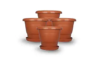 Halsey Round Virgin Plastic Modern Design Durable Plastic Plant Pot for Gardening (Pack of 4) (Large with Plates)