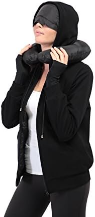 XY37 Women Travel Jacket Hoodie 10 Pockets Travel Pillow Eye Mask Face Mask Gloves (Medium, Navy)