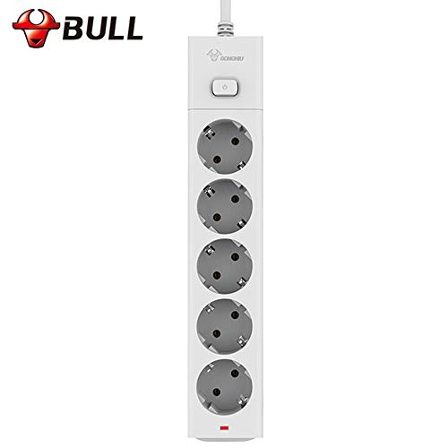 Bull Power Strip con 5 Tomas- 3M 10A 2500w Enchufe eléctrico Enchufe de la UE Enchufe de extensión Protector de sobrevoltaje con interruptor de control maestro
