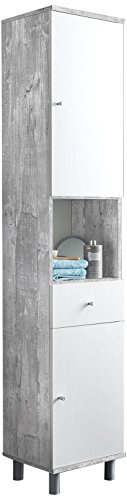 WILMES 85005-57 0 75 Badmöbel, Hochschrank, Badezimmerschrank Holz, Beton / Weiß Melamin Dekor, 32 x 35 x 179 cm