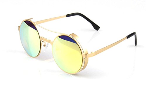 Wawoo®Fashion Retro Metal Frame Round Sunglasses Double Beam for Men and Women UV400 Protection Color Film Reflective Mirror Glasses Eyewear