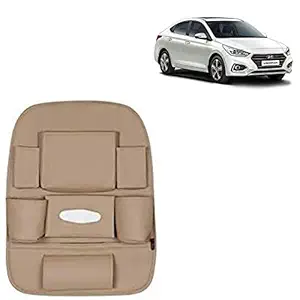 RD Universal PU Leather Car Auto Seat Back Organizer Multi Pocket Travel Storage Bag with Hangers, Tissue Paper and Bottle Holder-Beige Colour Compatible for Hyundai Fluidic Verna
